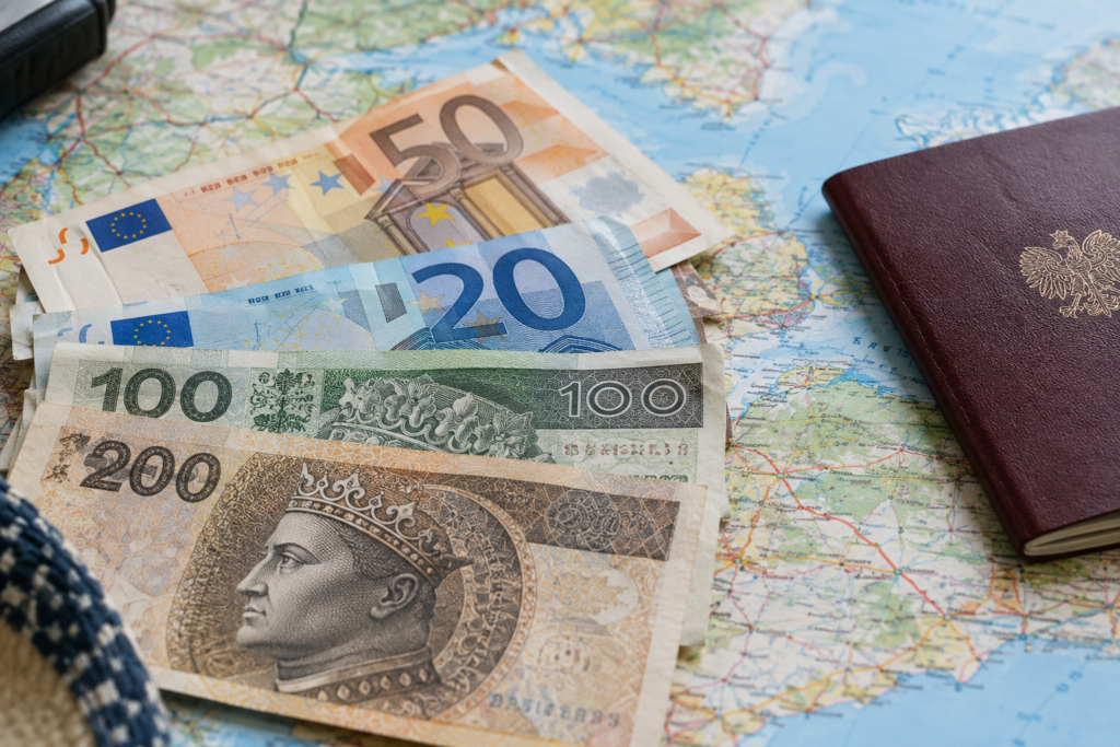 euros and zloty banknotes on map
