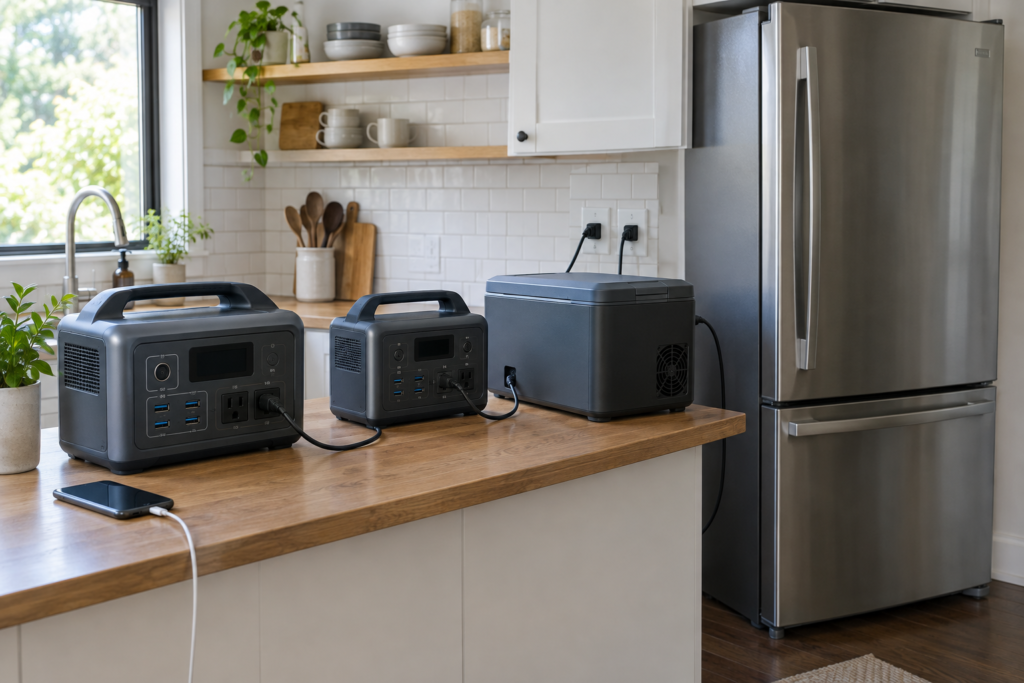 charging stations near the refrigerator in the kitchen