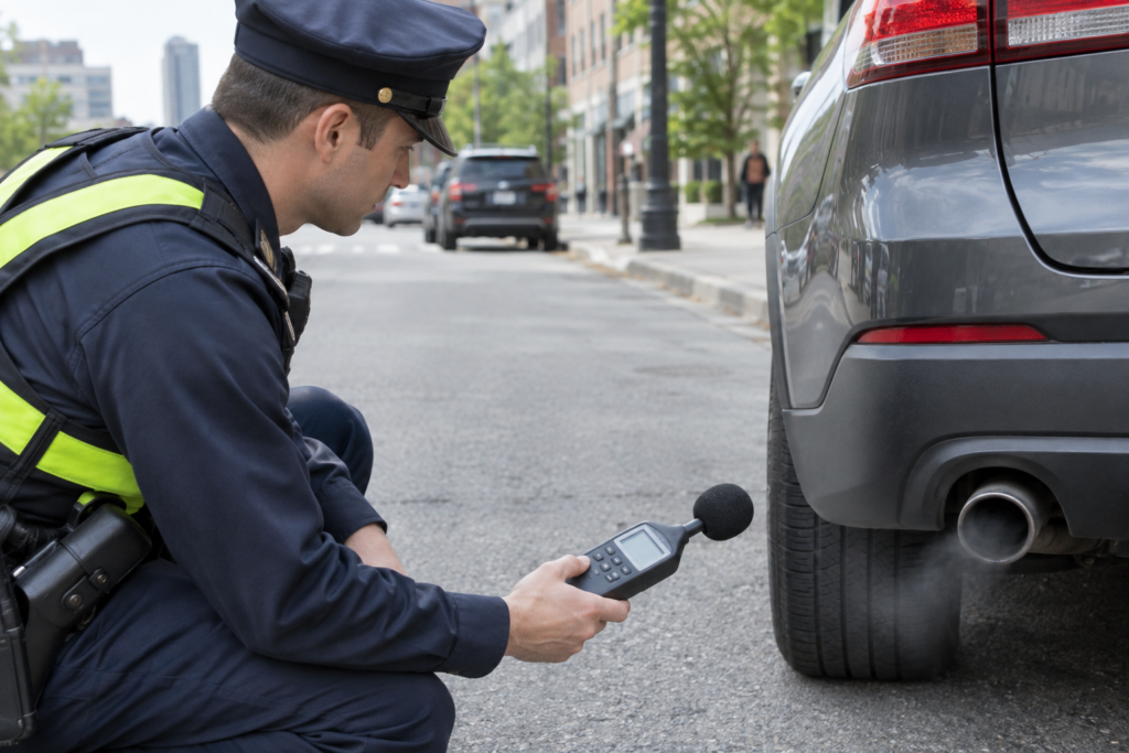 полицейский с шумомером у автомобиля