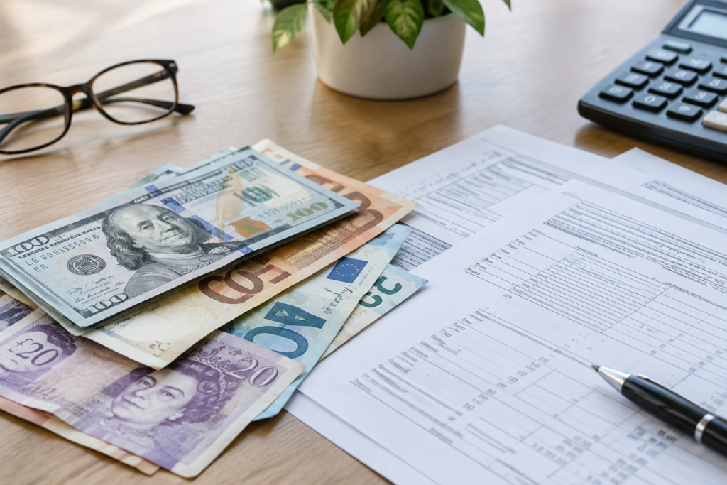 банкноты и налоговые документы на рабочем столе