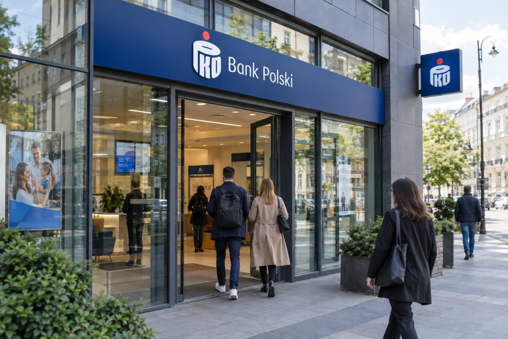 Фасад банку з логотипом і людьми біля входу