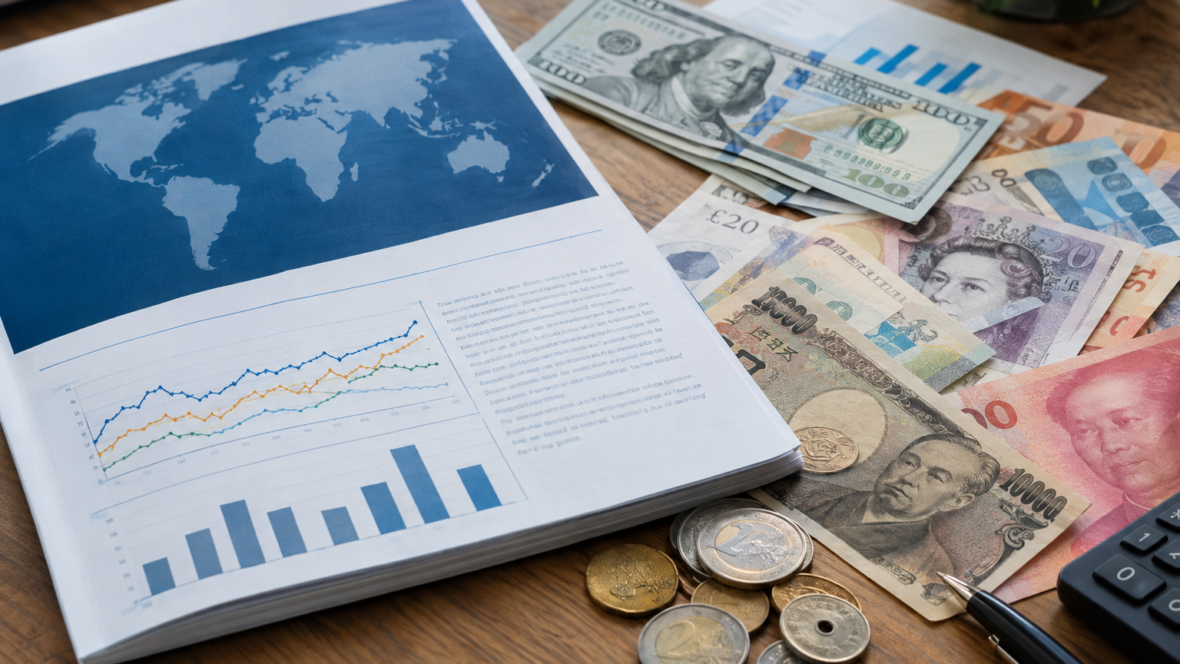 IMF report among currencies and financial charts