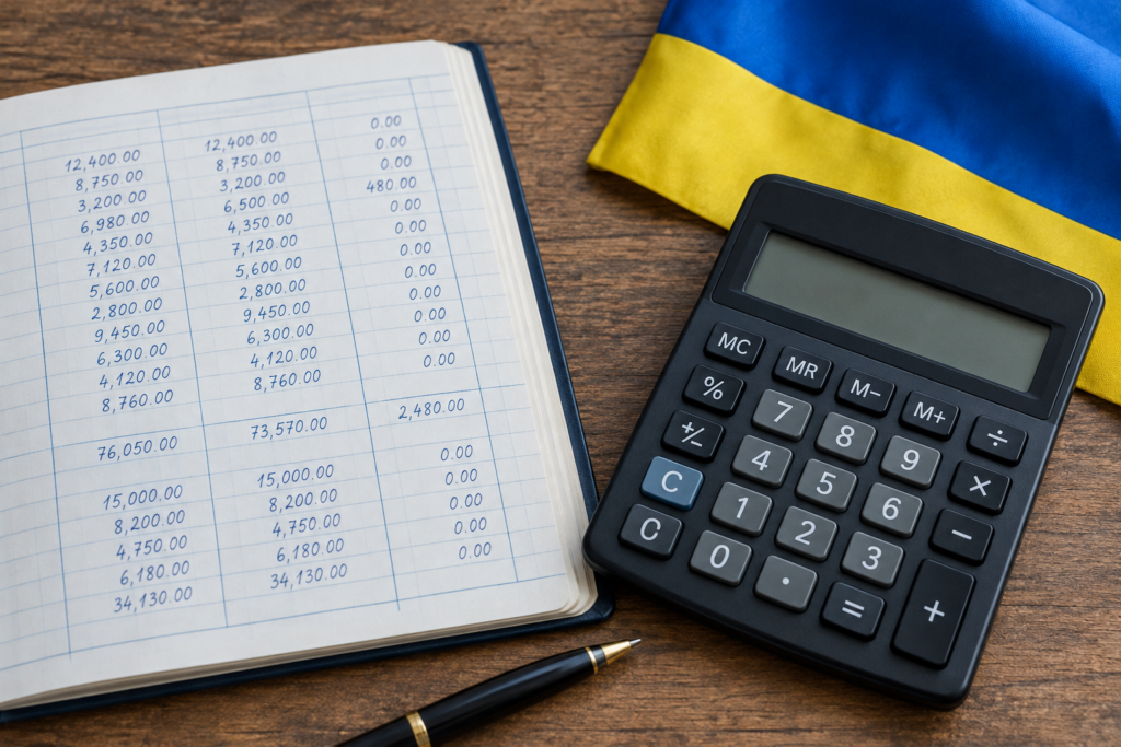 Украинский флаг с бухгалтерской книгой и калькулятором