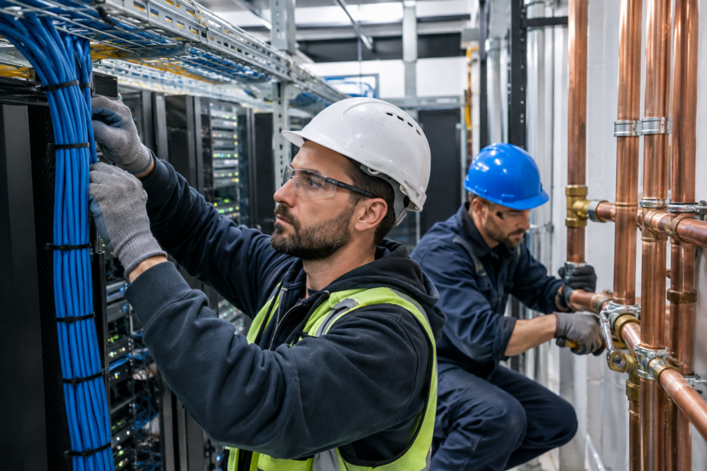 electrician and plumber installing cables near servers