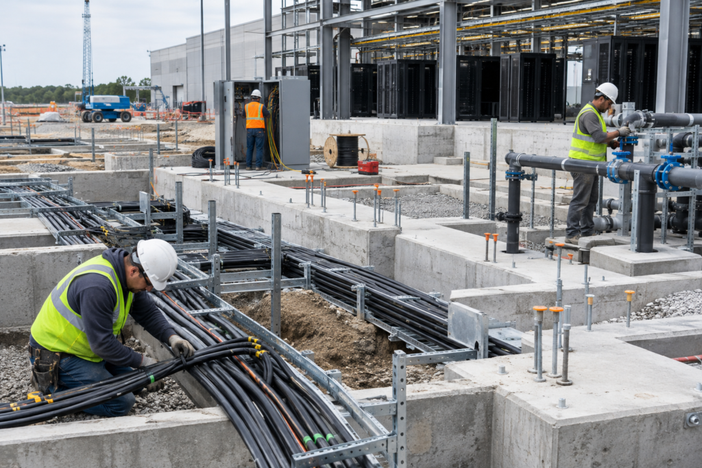 workers at data center construction site