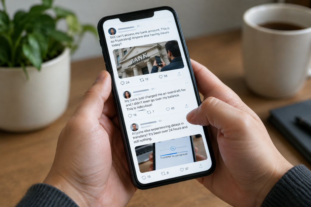 hands holding smartphone showing social media posts about banks
