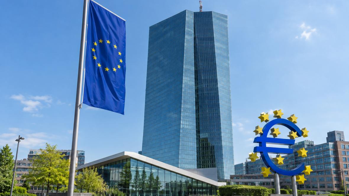 ECB building with euro flag and bank logos