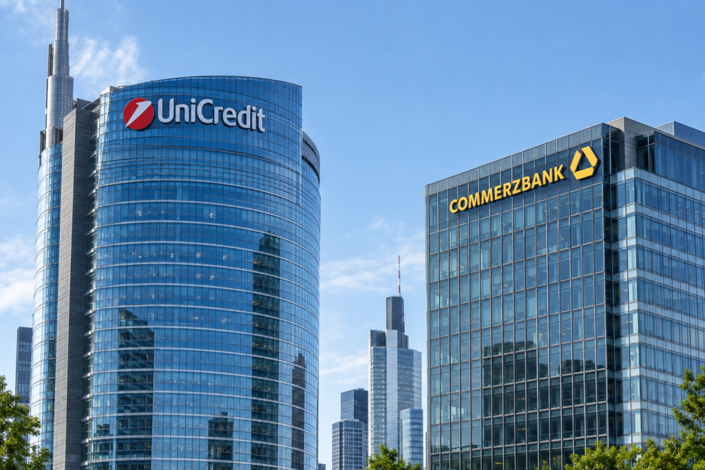 Логотипы UniCredit и Commerzbank на зданиях