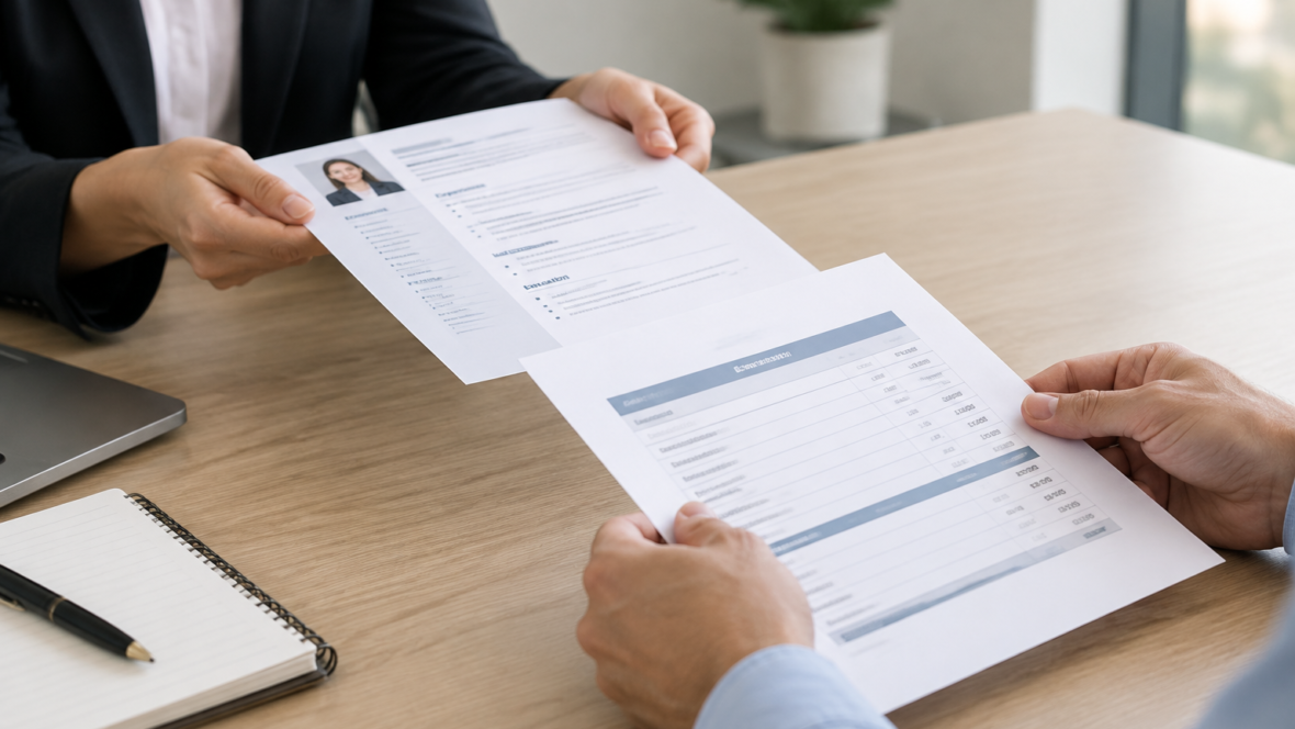hands exchanging CV and salary sheet