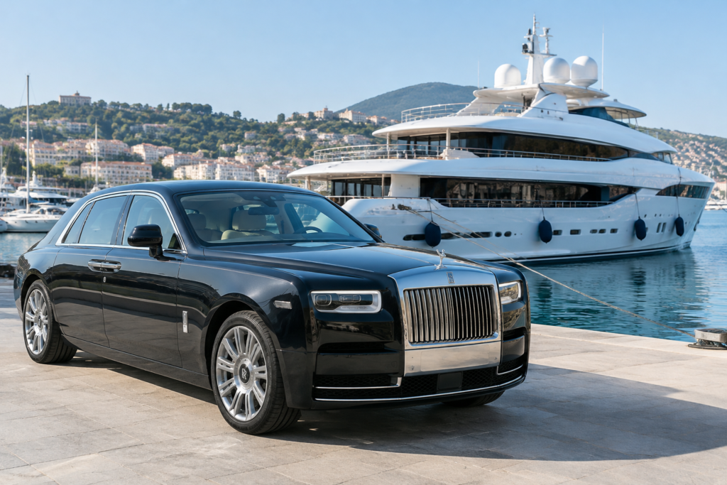 Rolls-Royce біля яхти в марині