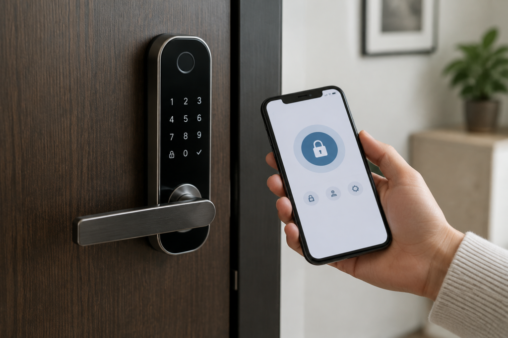 Розумний дверний замок і смартфон на столі