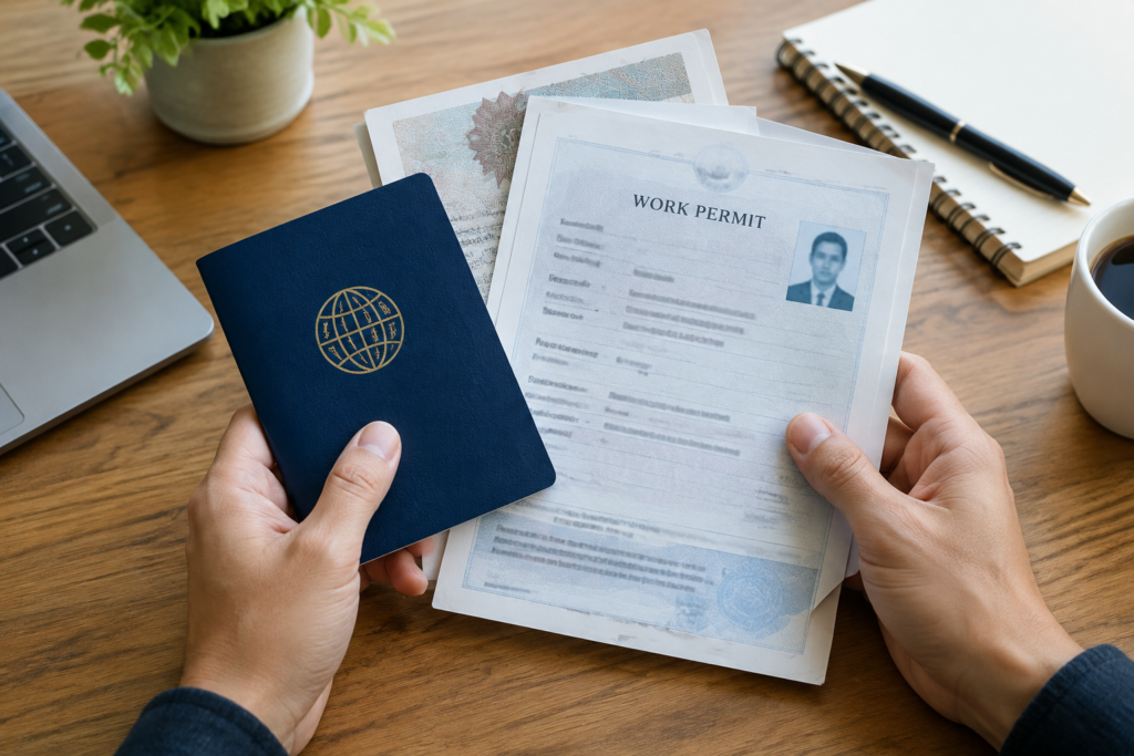 hands with foreign employment documents and passport
