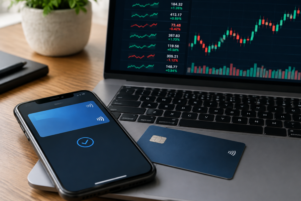 платежная карта и цифровой кошелек рядом с биржевыми тикерами