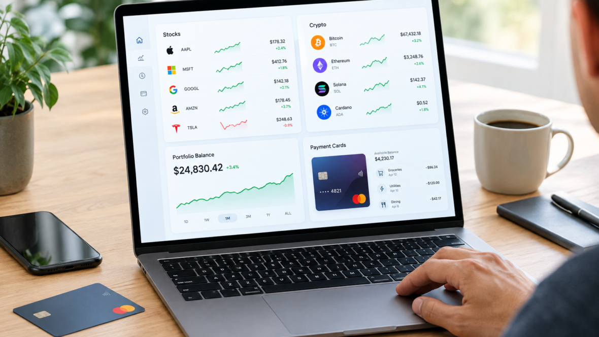 інтерфейс платформи з акціями і платіжною карткою