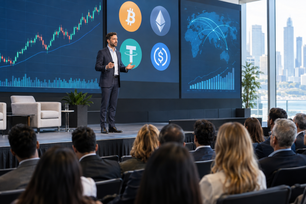 CEO на сцене с презентацией финансов и графиков