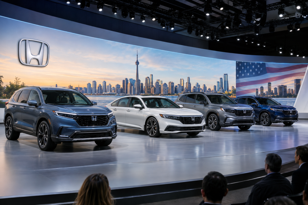 row of new hybrid cars on stage