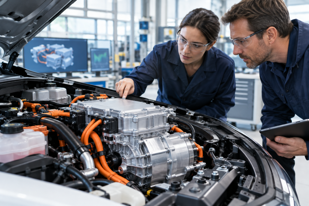 engine and compact hybrid drive unit closeup