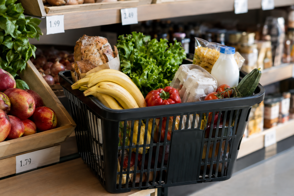 Продуктовая корзина на полках магазина
