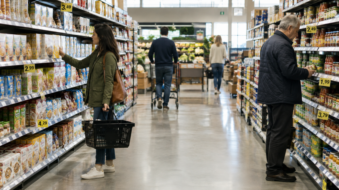 Покупці в супермаркеті біля полиць із продуктами