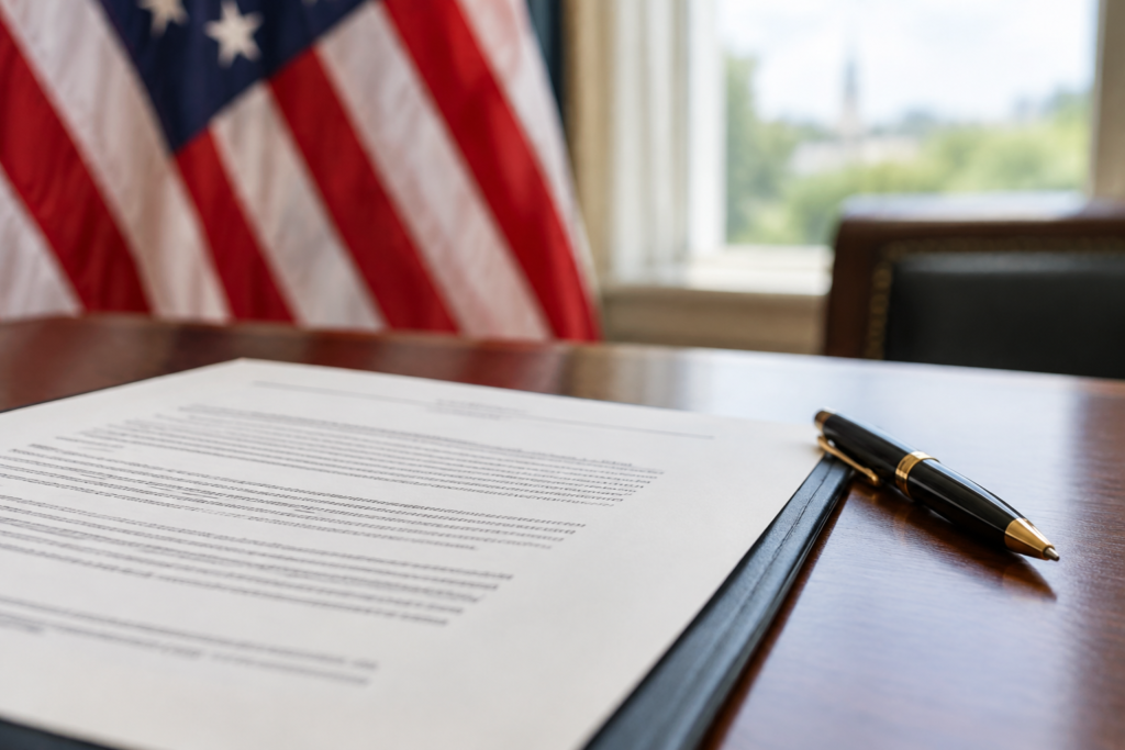 Офіційний документ на столі з прапором США