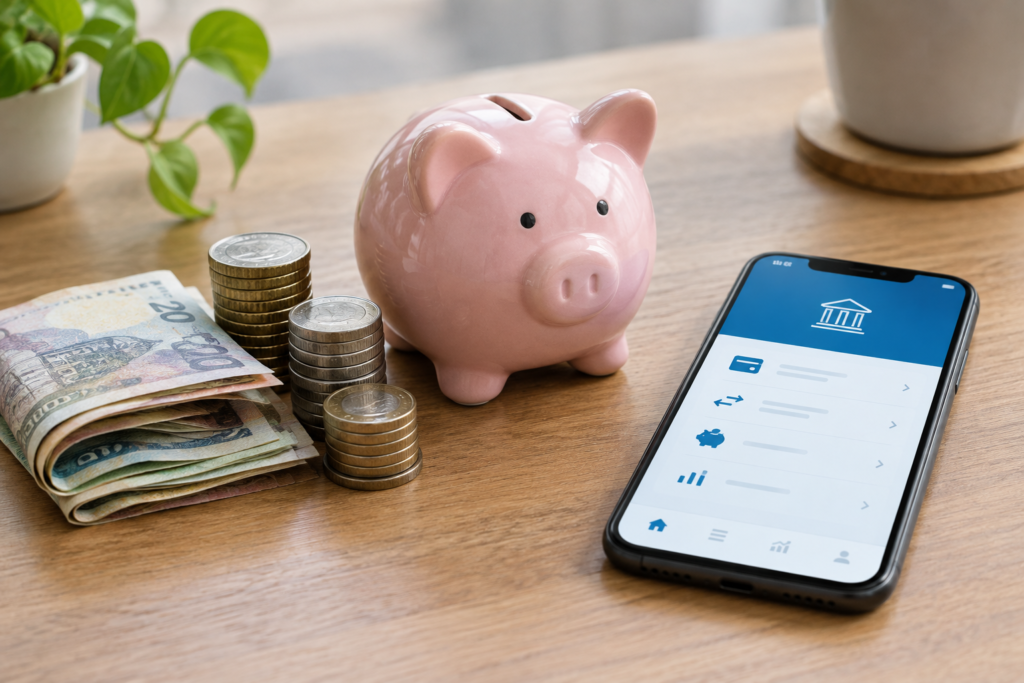 coins and banknotes near piggy bank and smartphone