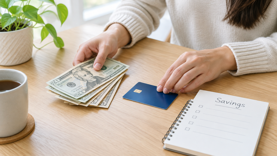 person arranging banknotes and card beside savings notepad
