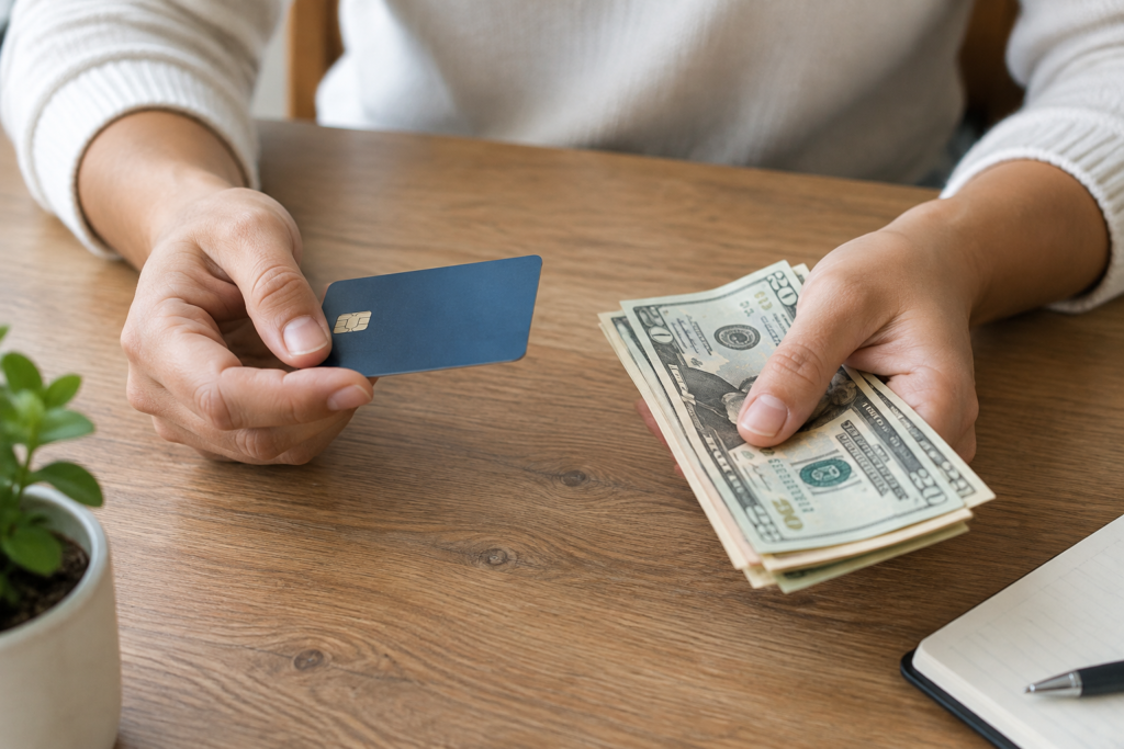 hands holding bank card and cash on table