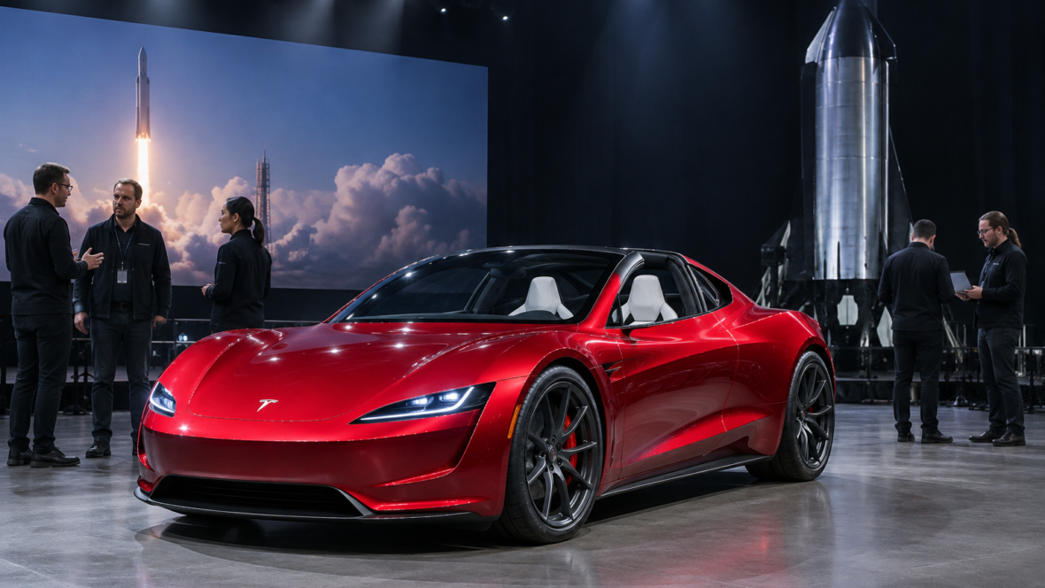 Roadster on stage with engineers and lighting