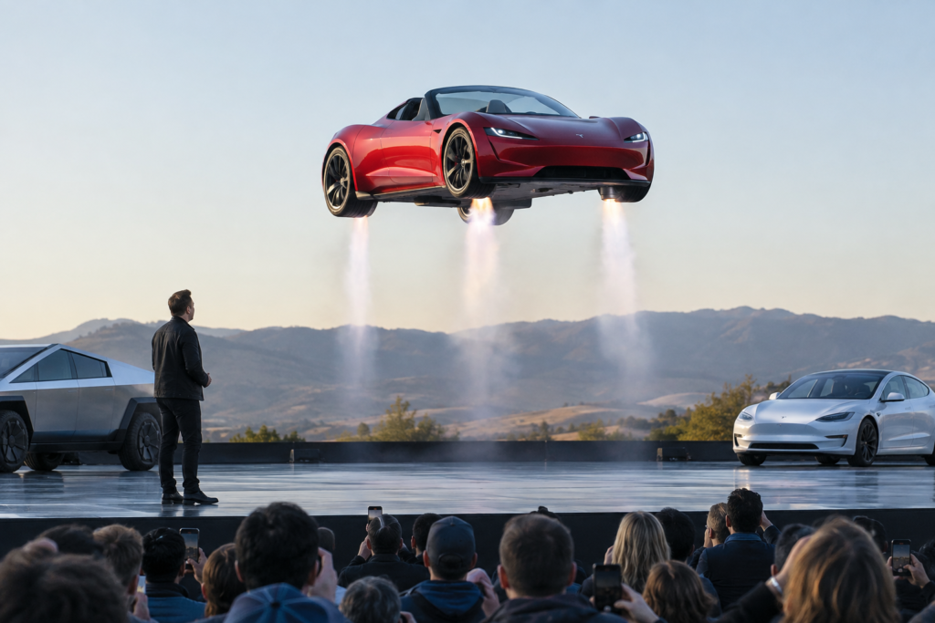 Roadster hovering above stage with thrusters