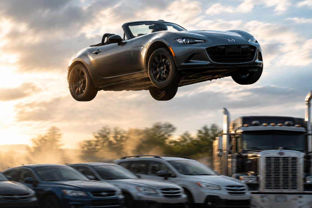 Roadster jumping over cars and truck