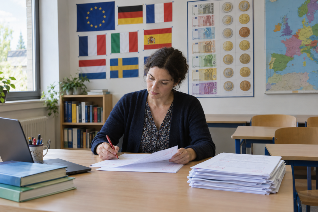 teacher at desk with papers and charts