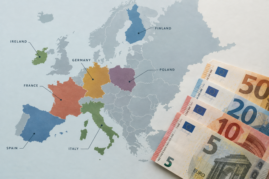 map of Europe with highlighted countries and euro notes