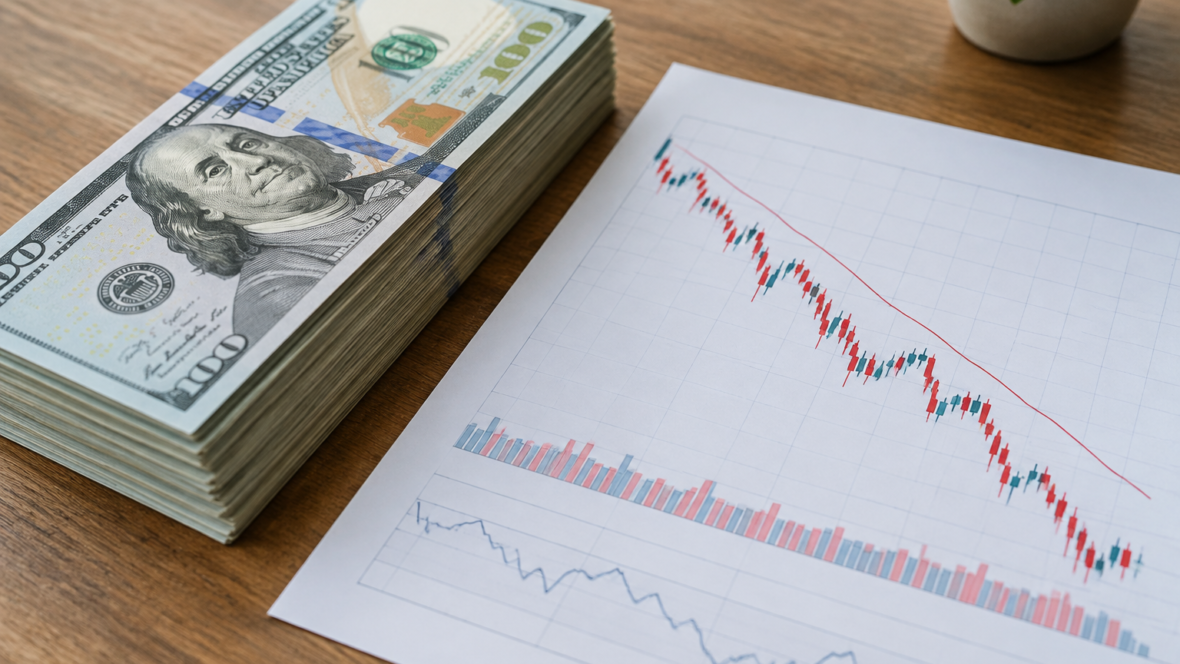 Stack of US dollars beside downward financial chart
