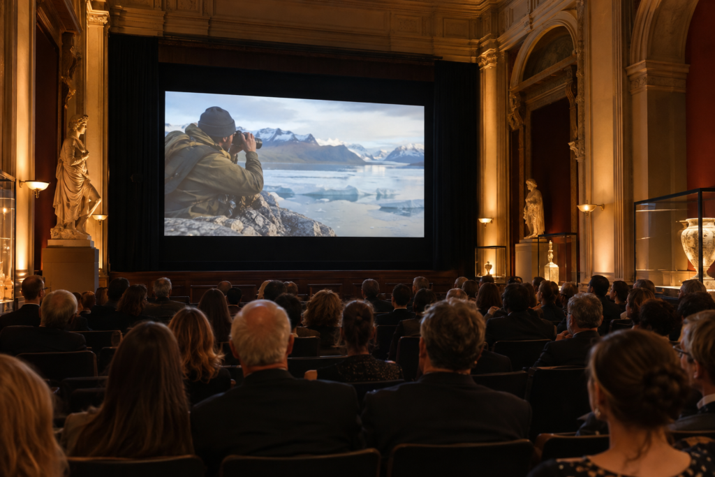 Screening in the museum auditorium, audience and screen