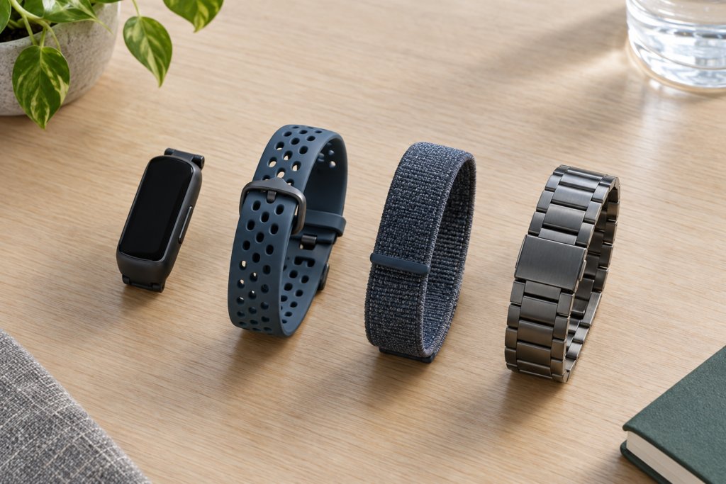 Fitbit Edge с тремя вариантами ремешков на столе