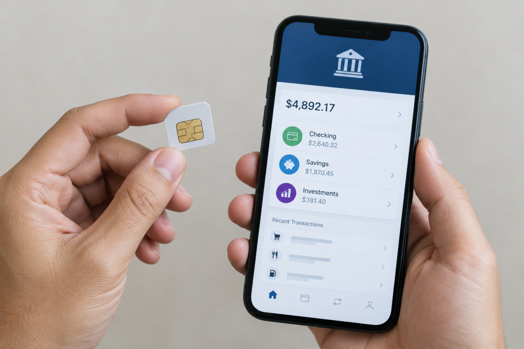 человек держит SIM-карту и смартфон с банковским приложением