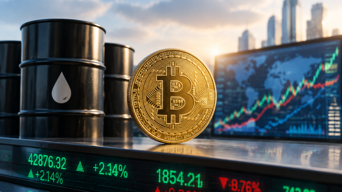 bitcoin symbol with price ticker and oil barrels