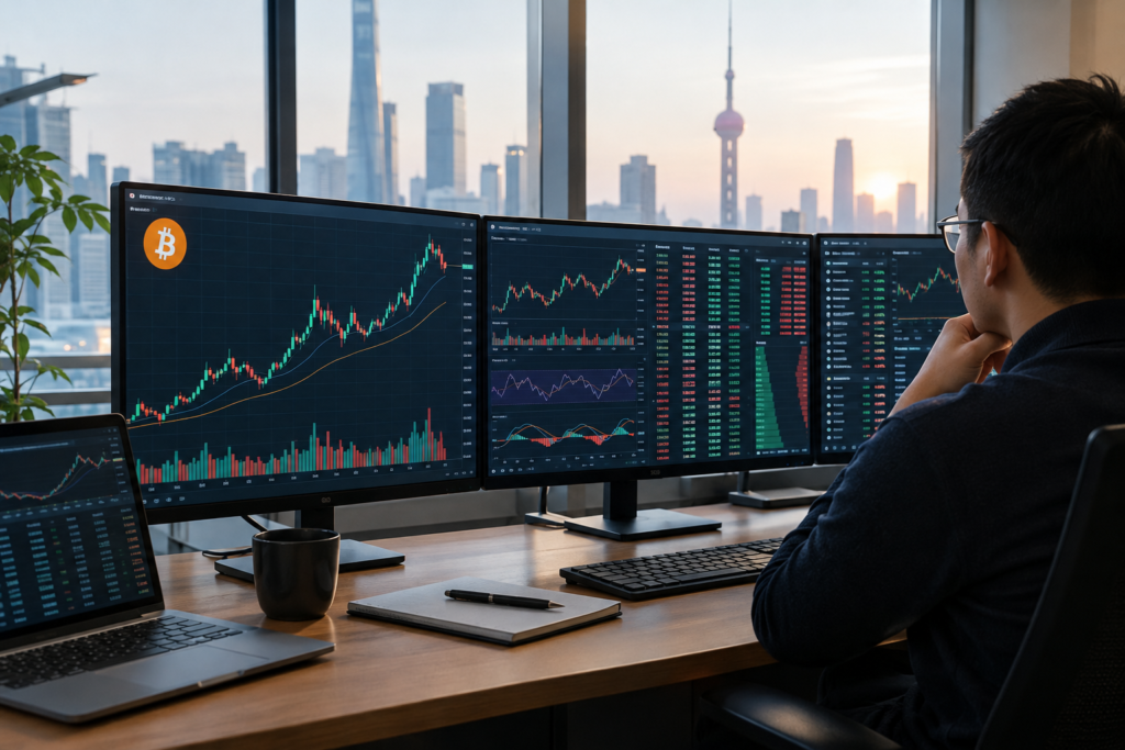 bitcoin price charts on screens