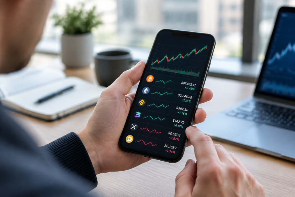person checking crypto prices on smartphone