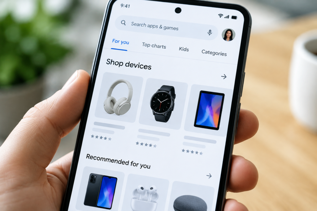 екран смартфона з Play Store і розділом Shop devices