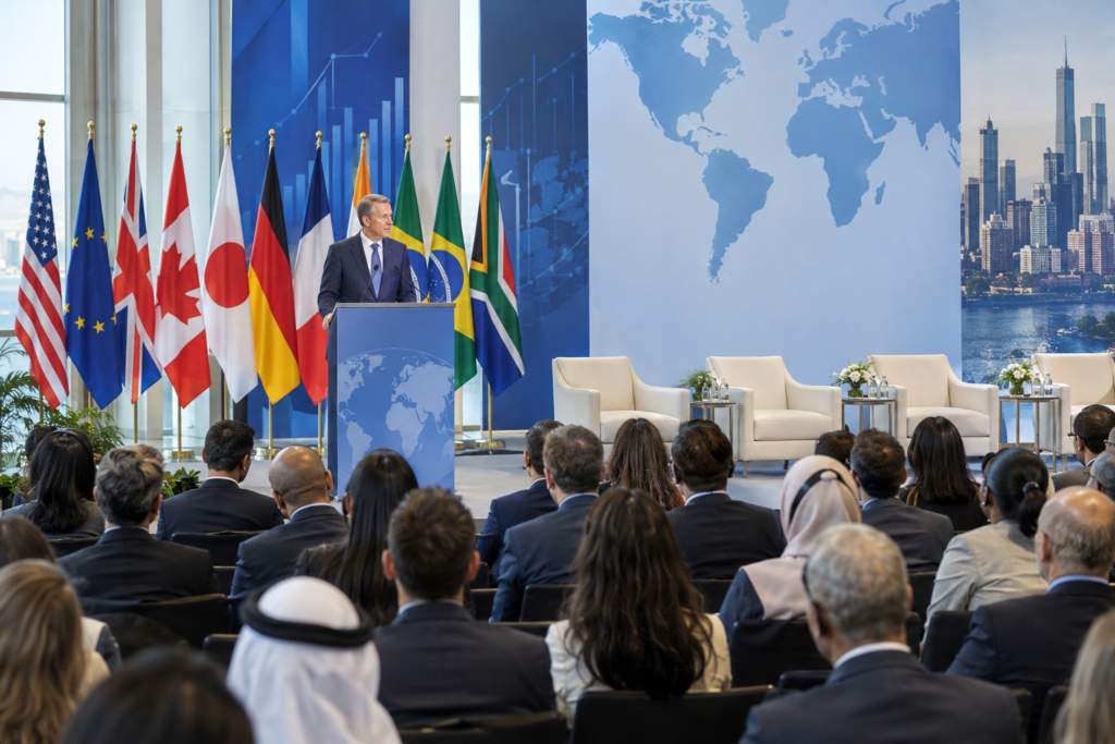 speaker at international finance conference podium