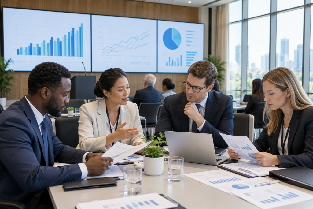 delegates discussing finance projects in hall