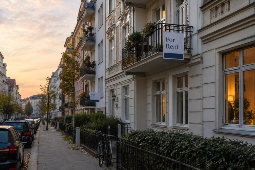 apartment buildings with rent signs