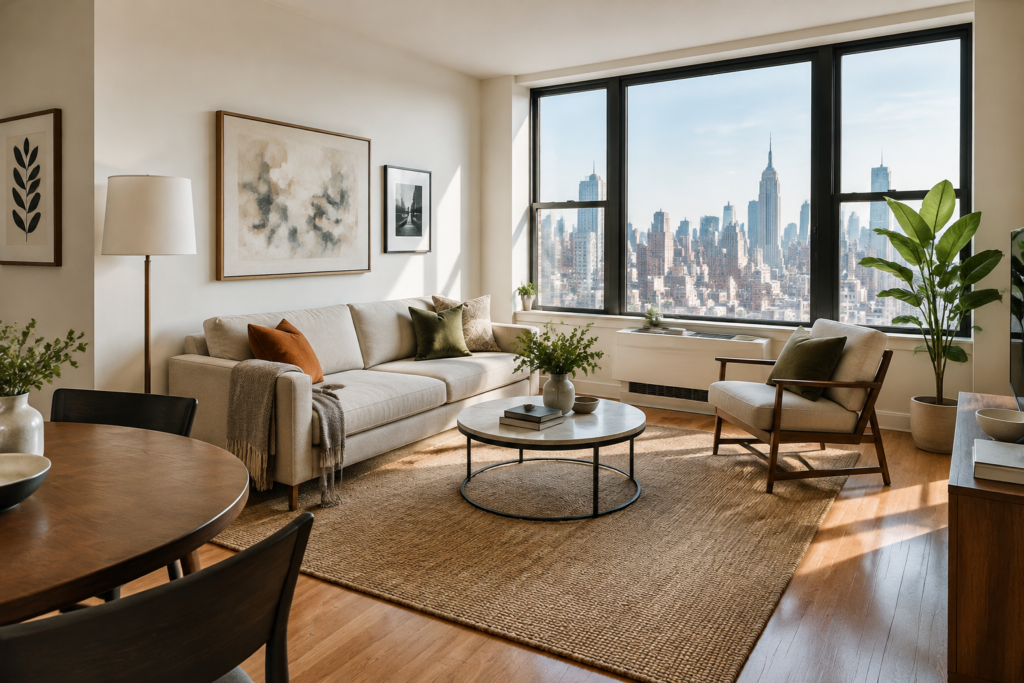 renovated apartment interior with city view