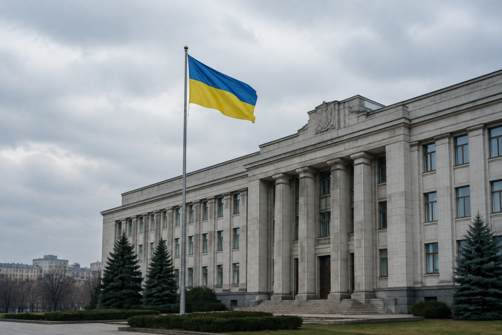 обласна адміністрація з прапором біля входу