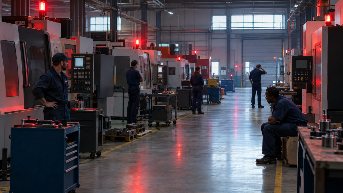 Halted factory machines and workers under lights
