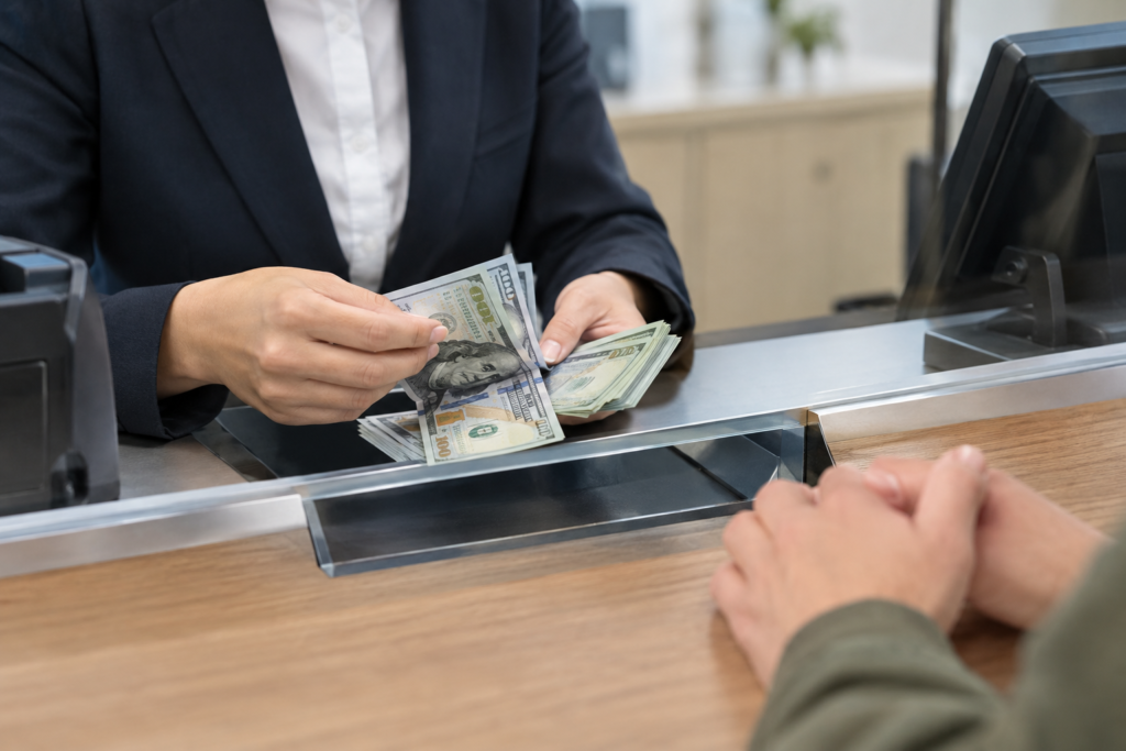 купюры долларов на банковской кассе с клиентом