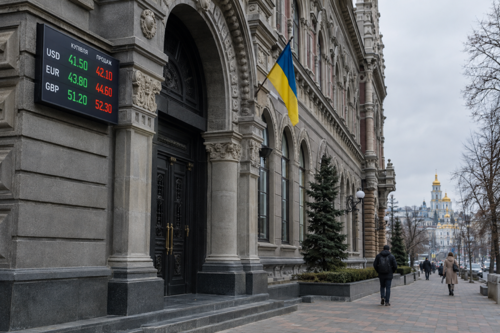 здание Национального банка Украины и табло курсов