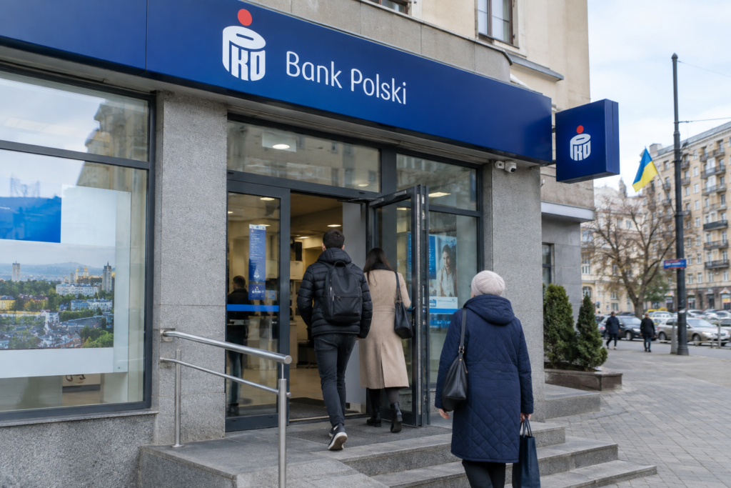 фасад банку PKO з відвідувачами на вході