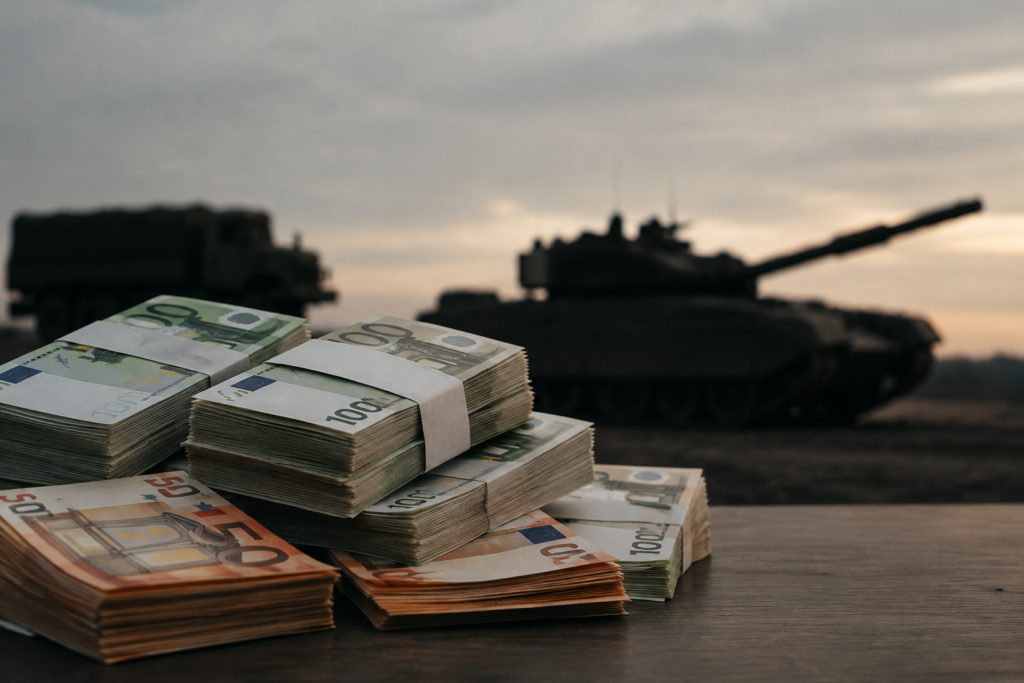 euro banknotes beside military equipment